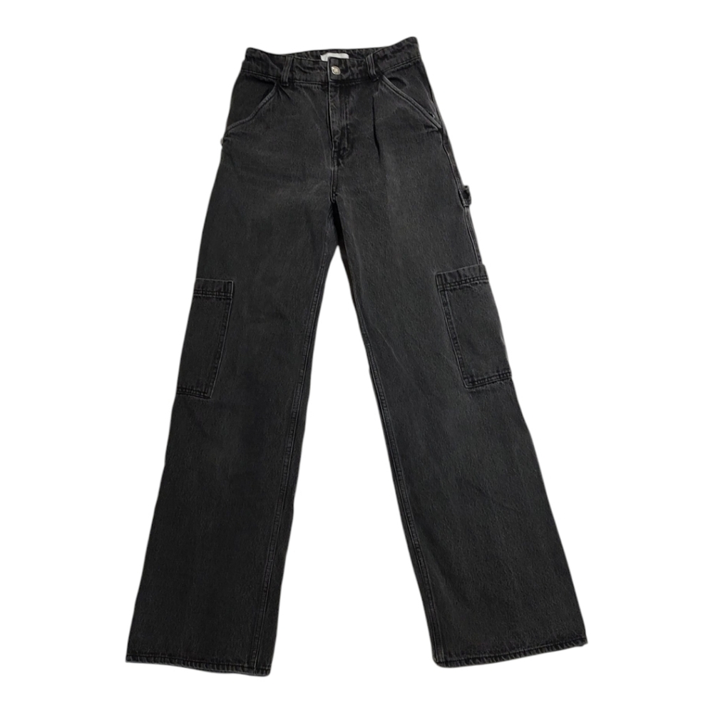 H&M Black Cargo Wide Leg Jeans 2 100% Cotton Denim